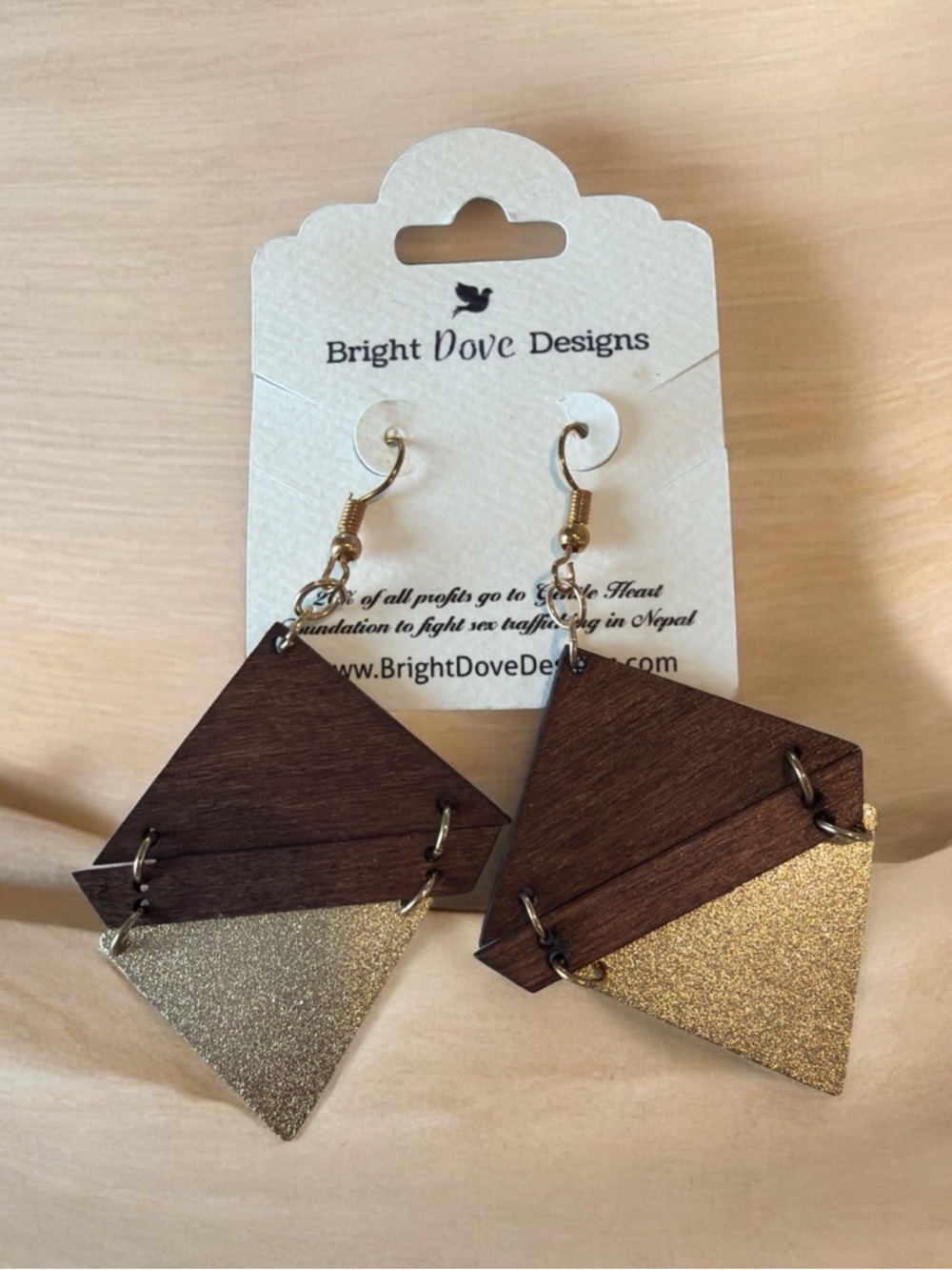 Gold & Brown Geometric Wood Drop Earrings - Picture 3 of 4